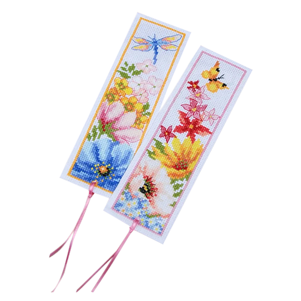 Counted Cross Stitch Flowers Bookmarks 14CT 2-Strand DIY Embroidery Set 18x6cm