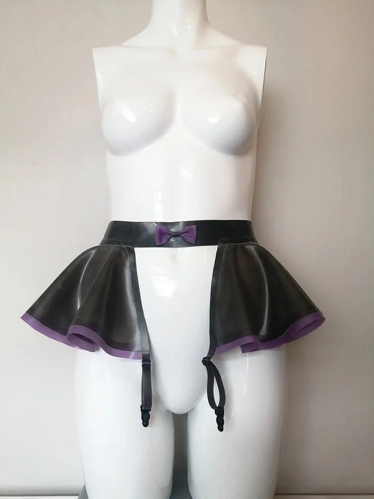 Women Latex Skirt Black Peplum Suspender Belt Bow Trim