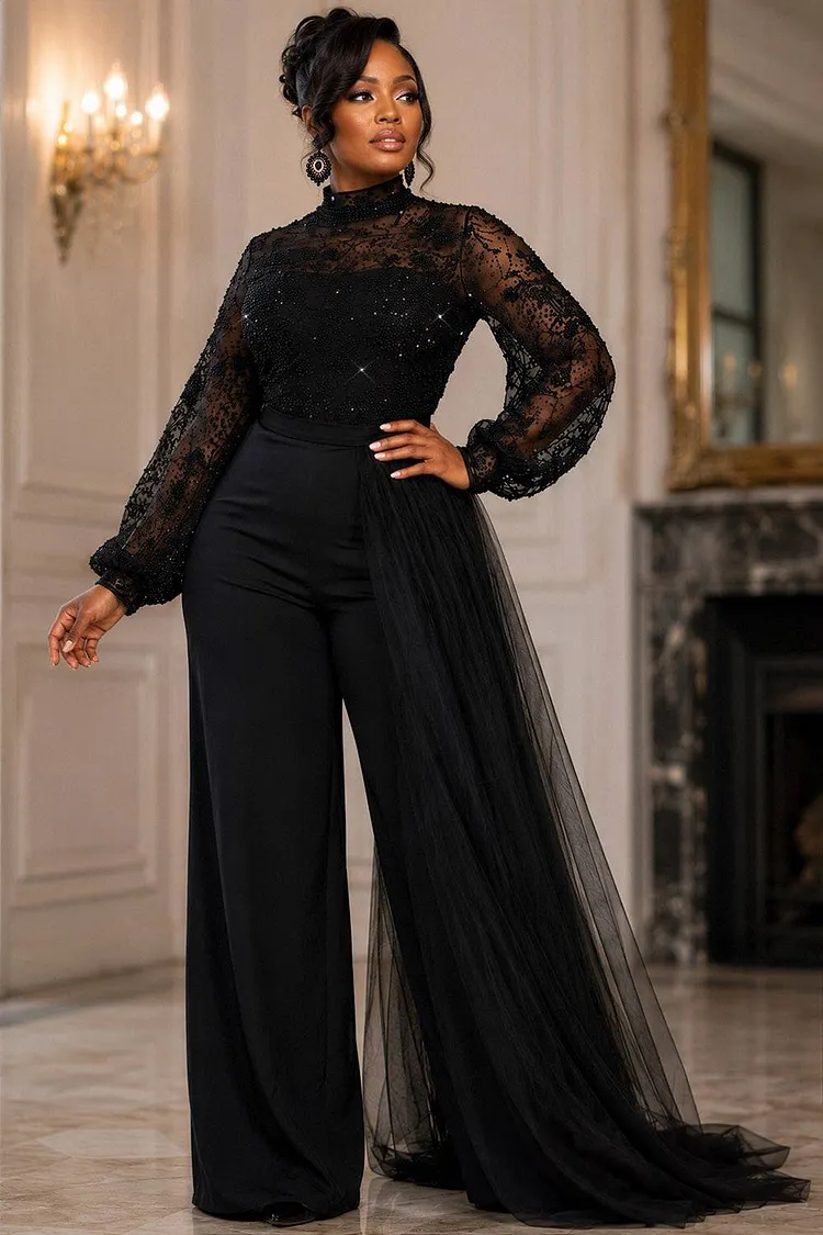 Xpluswear Design Plus Size Formal Tulle Black Stand-Up Collar Long Sleeve See Through With&nbsp;Skirt&nbsp;Overlay&nbsp;Lace Jumpsuits [Pre-Order] 2024 - Xpluswear