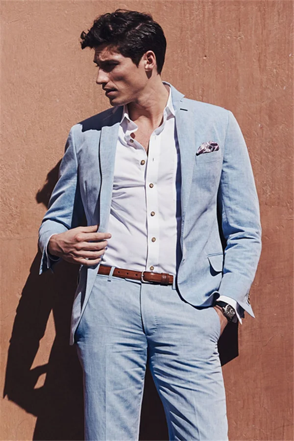 Fashion Style Casual Sky Blue Summer Linen Beach Wedding Suits For Men's Party 2 Piece