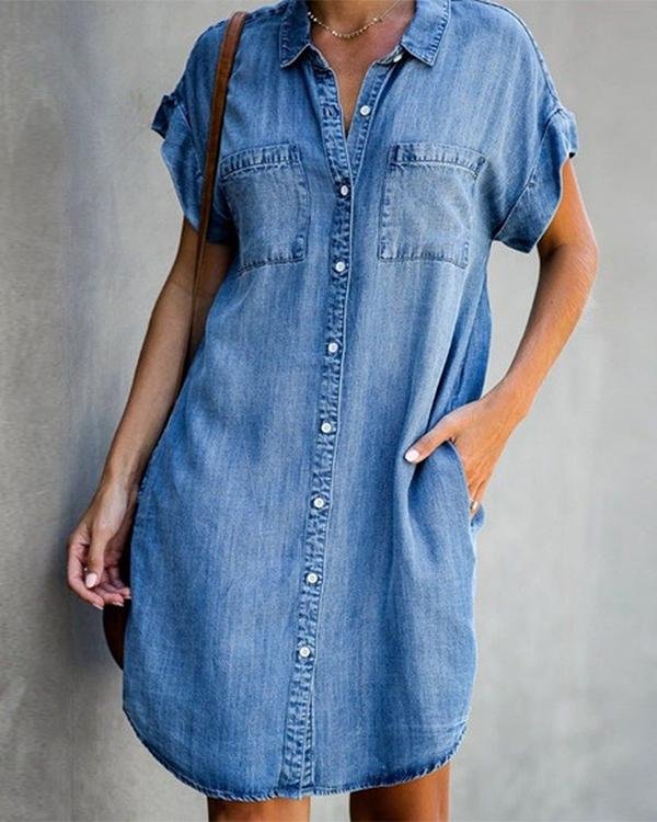 Blue Shirt Collar Plain Short Sleeve Denim Dresses - Chicaggo