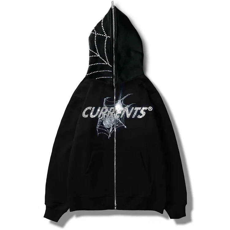 Y2K Rhinestone Spider Printing Men's  Full Zip Up Oversized Hooded Sweatshirt Jacket-VESSFUL