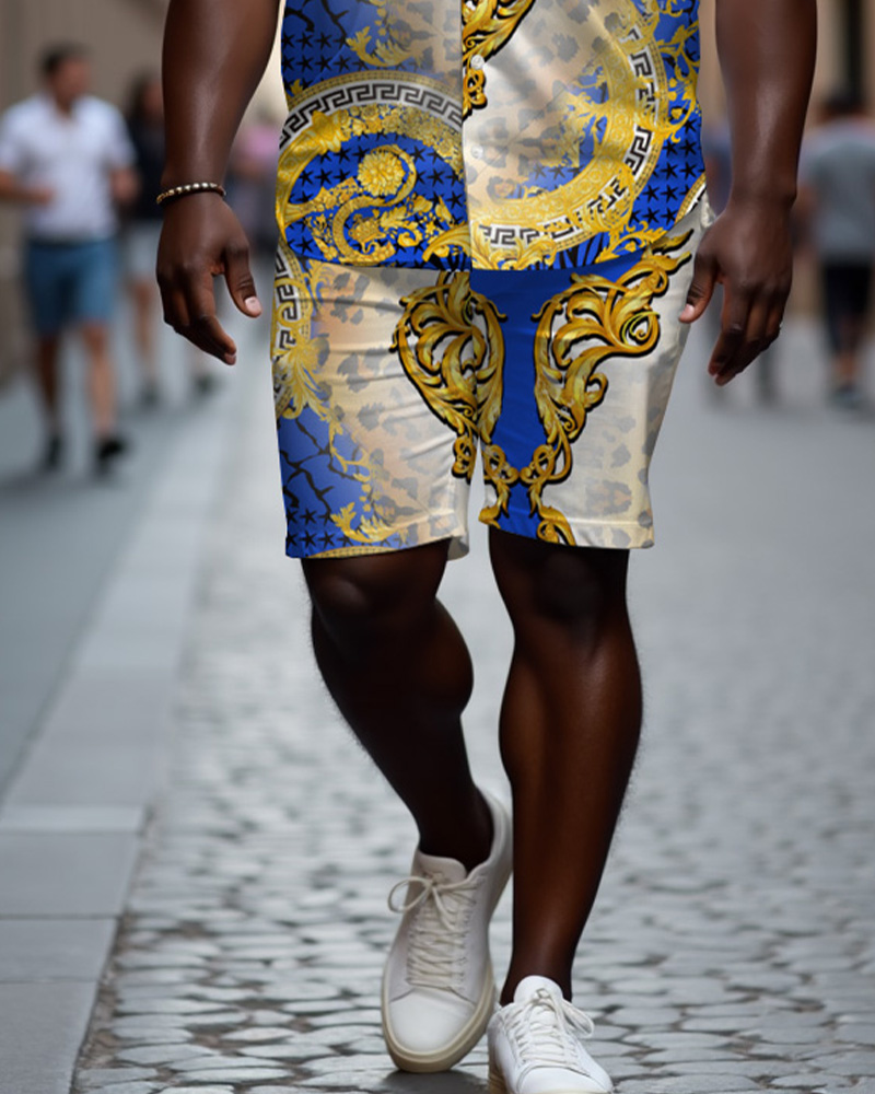 Men's Plus Size Baroque Luxury Leopard Print Blue Textured Casual Cuban Collar Short Sleeve Shirt Shorts Suit