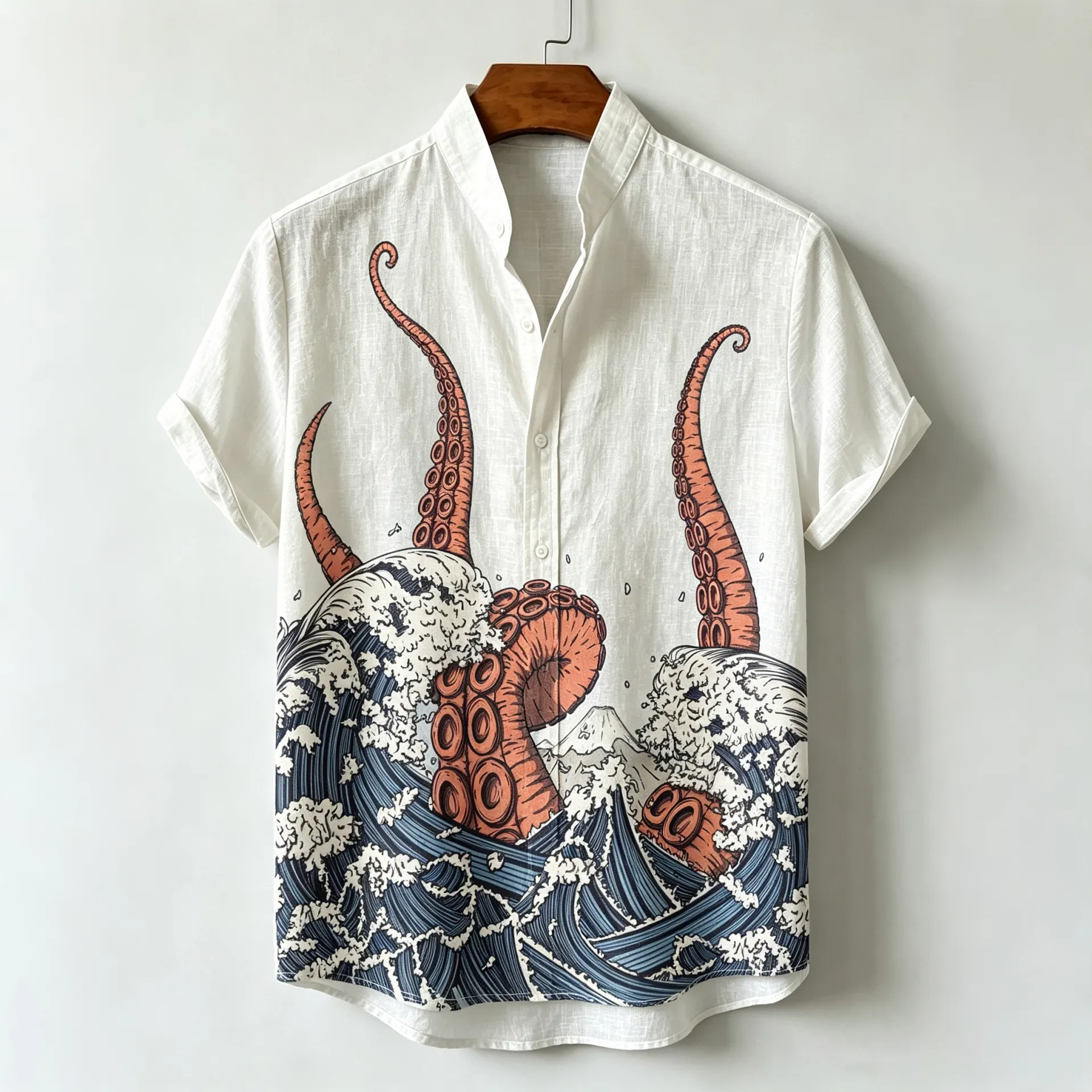 Men's Japanese Octopus And Ocean Waves Art Print Shirt  artssus