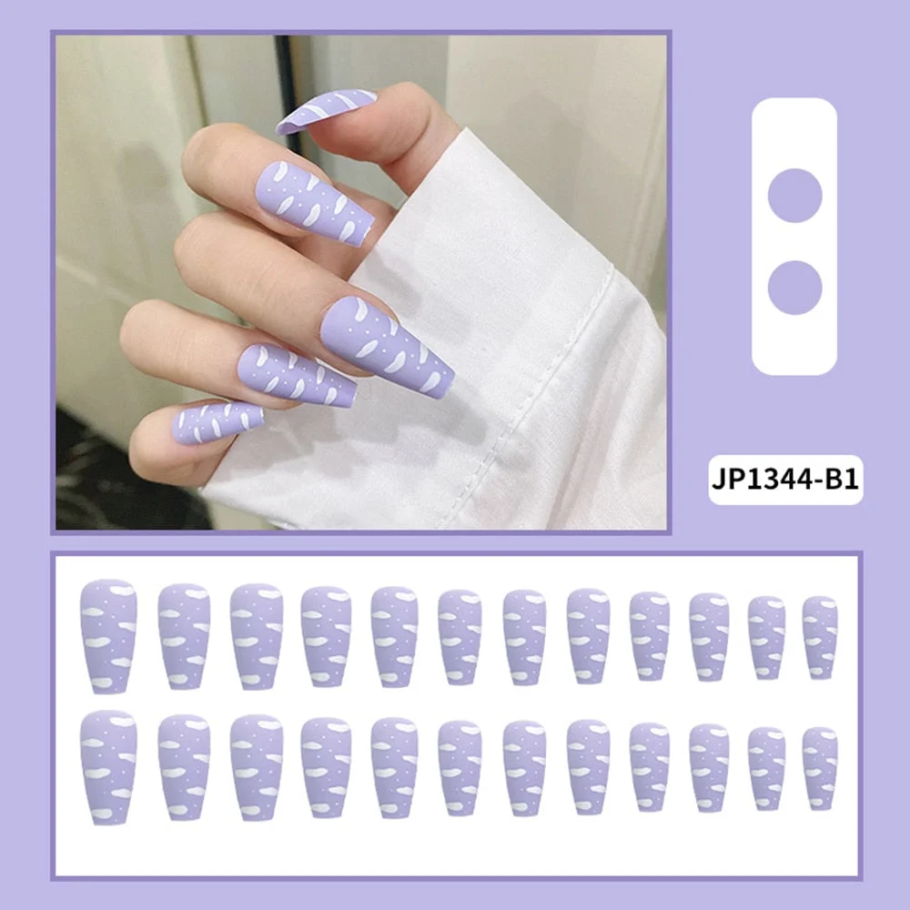 24Pcs Purple Sky White Cloud Press on False Nails Long Ballerina Coffin Matte Frosted Artificial Fake Fingernails Extention Tool