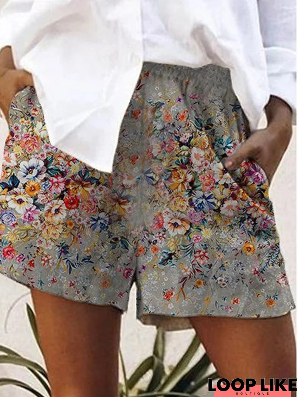 Casual Cotton-Blend Floral Shorts