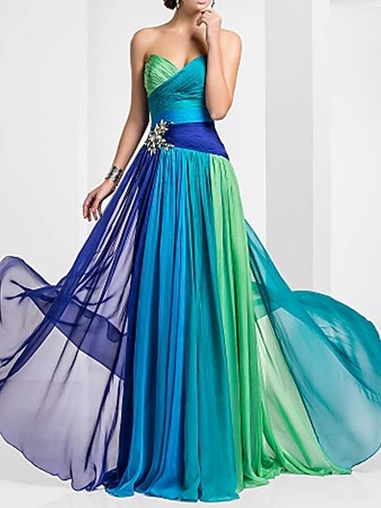 Formal Strapless Colorblock Back Lace Up Maxi Dress