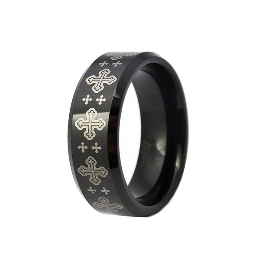 6MM 8MM Black Plated Mens Tungsten Carbide Rings Cross Laser Bevel Edge Polish Finish