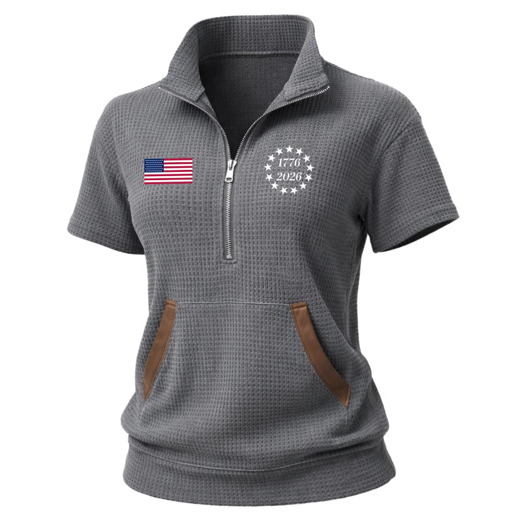 Women's Vintage Waffle Knit American Flag 250th Anniversary Print Short Sleeve Zip-Up Stand Collar T-Shirt - Helixace