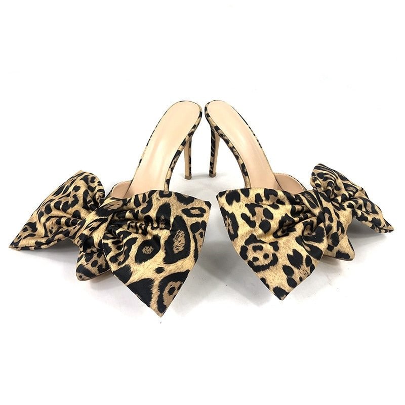 Women's Mules Leopard Butterfly Knot Pointed Toe Slip-on Stiletto High Heels