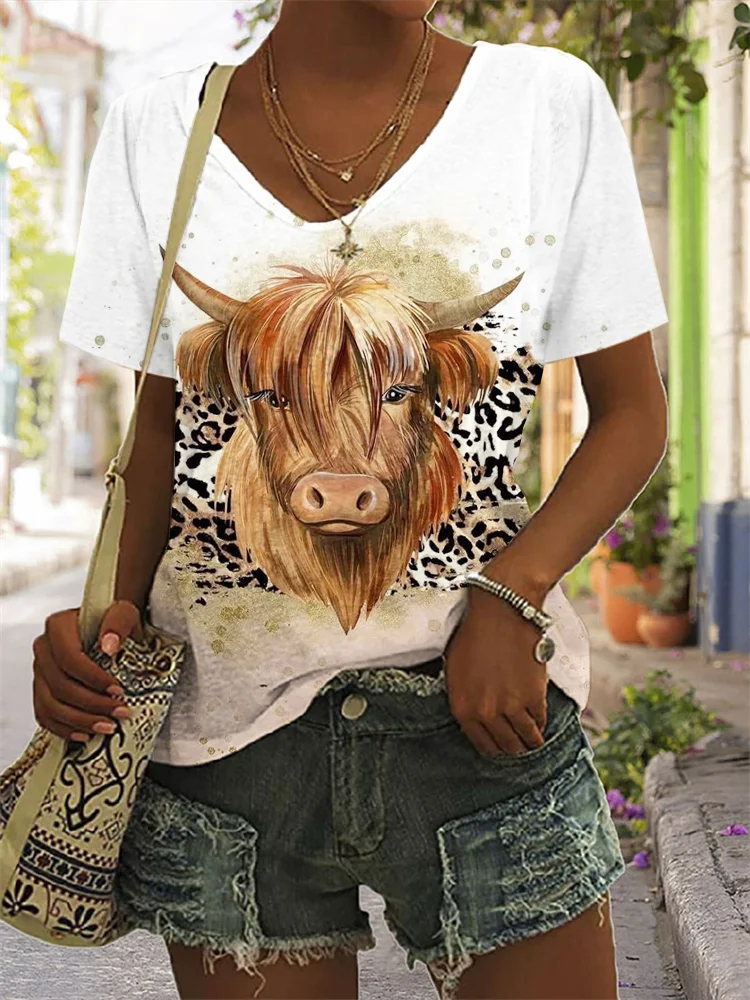 Highland Cow Leopard Graphic V Neck Comfy T Shirt