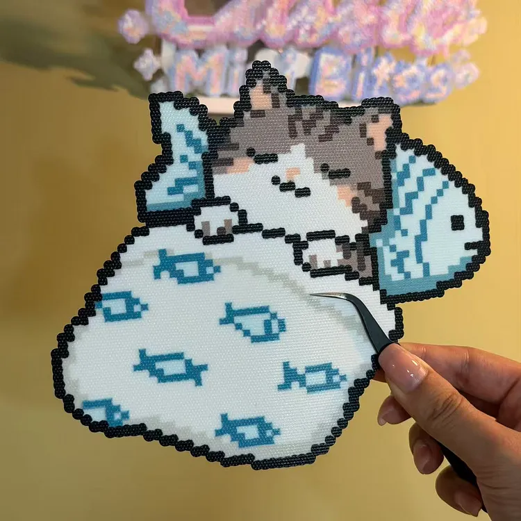 Sleeping Cat in Fish Bed Digital Pattern 