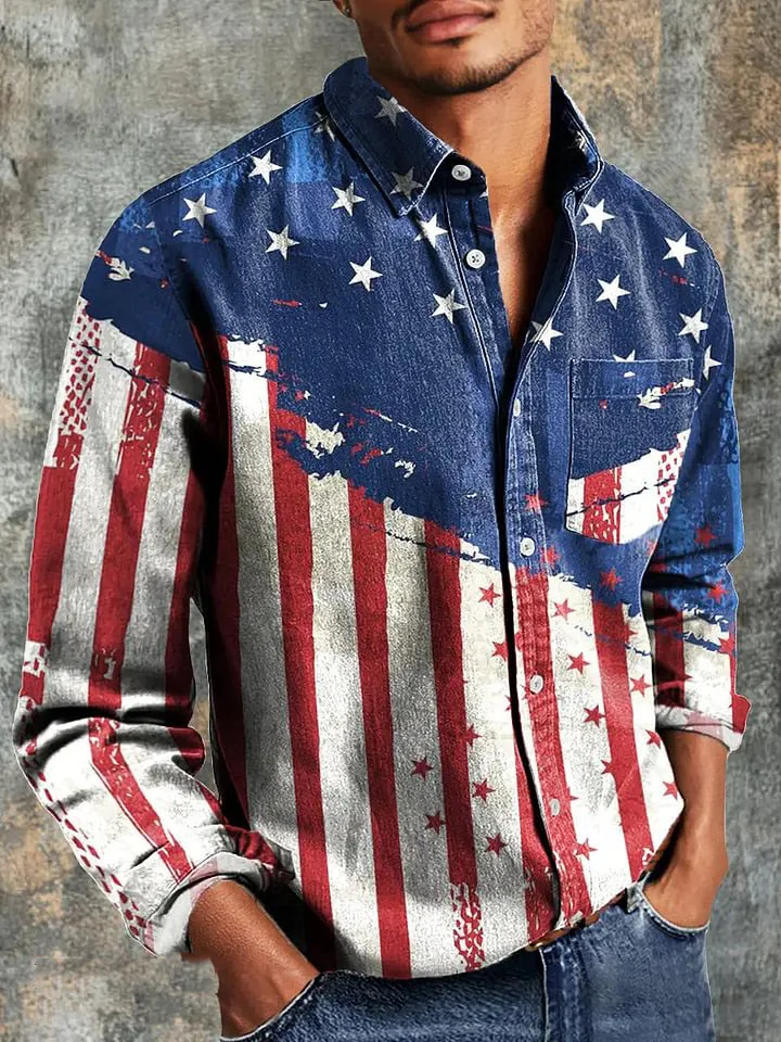 Men's Vintage Abstract Red White Blue Stripe Art Print Long Sleeve Pocket Shirt