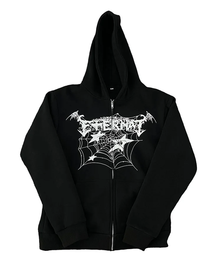 Goth Hooded Sweatshirt Spider Web Print Zip Up Hoodie at Hiphopee