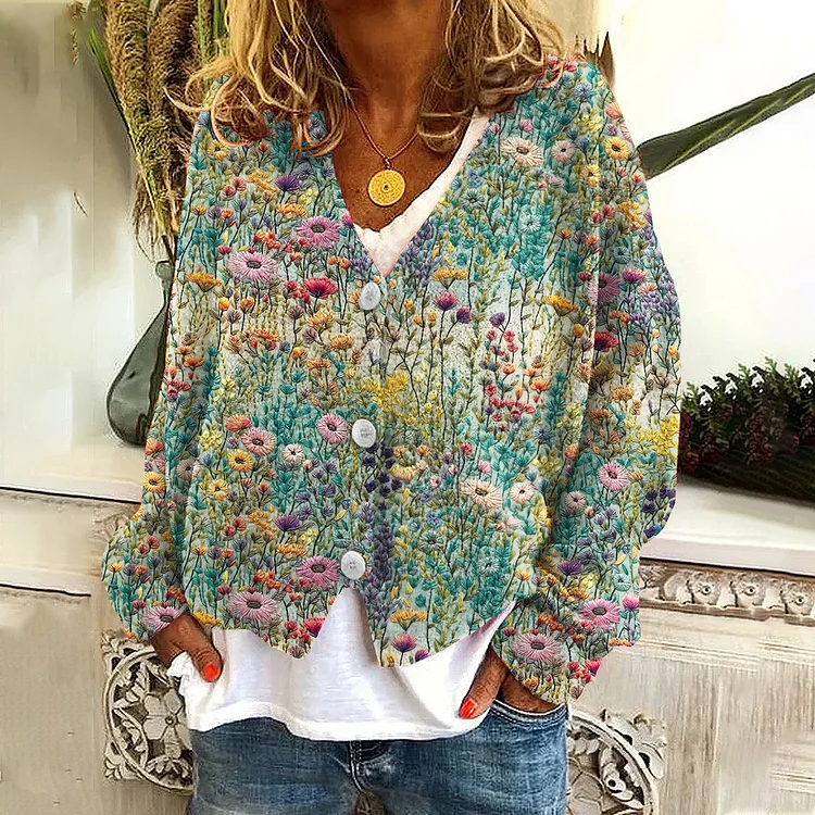 VChics Floral Print V-Neck Casual Knitted Cardigan