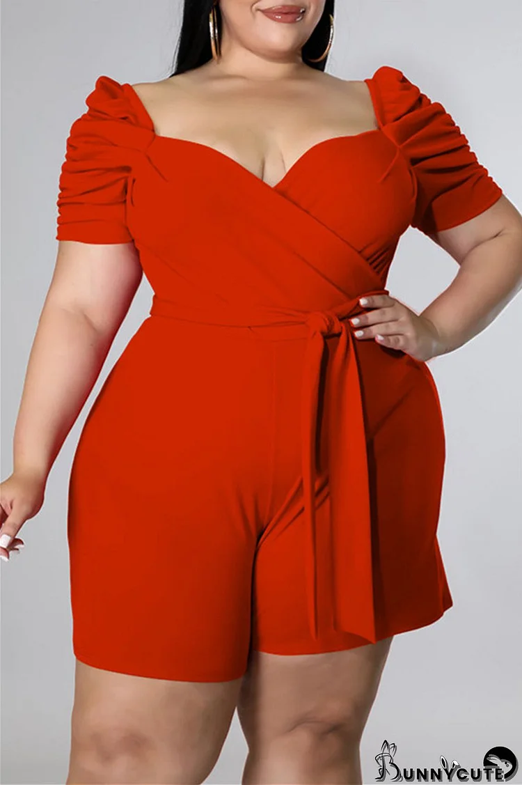 Orange Fashion Casual Solid Hollowed Out V Neck Plus Size Romper