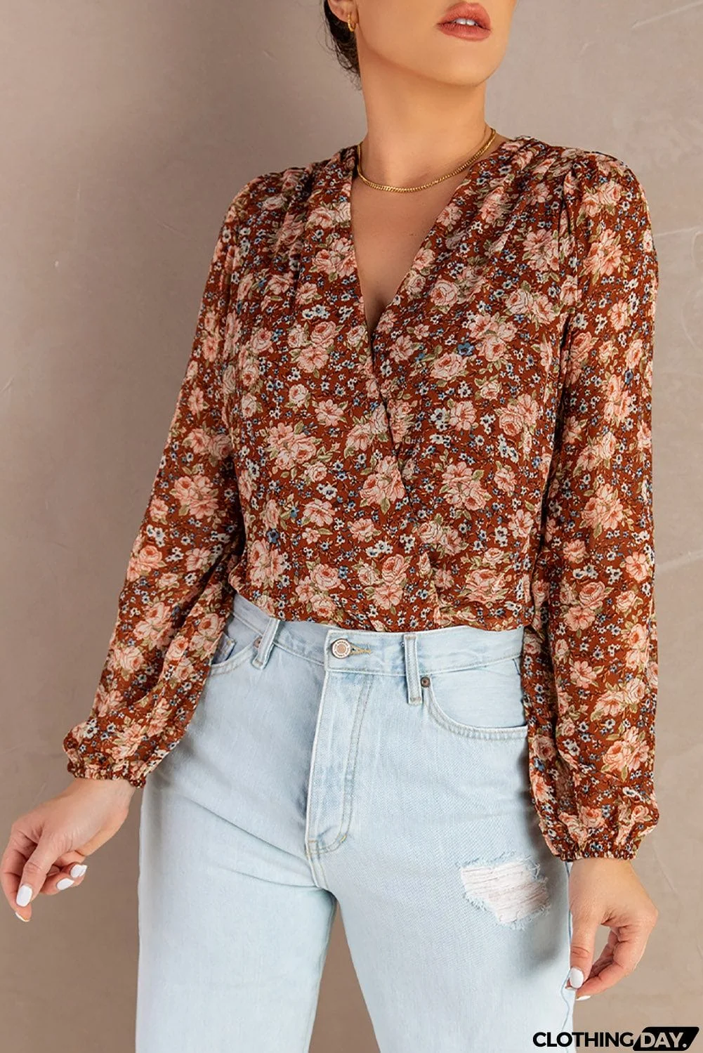 Brown Floral V Neck Blouse