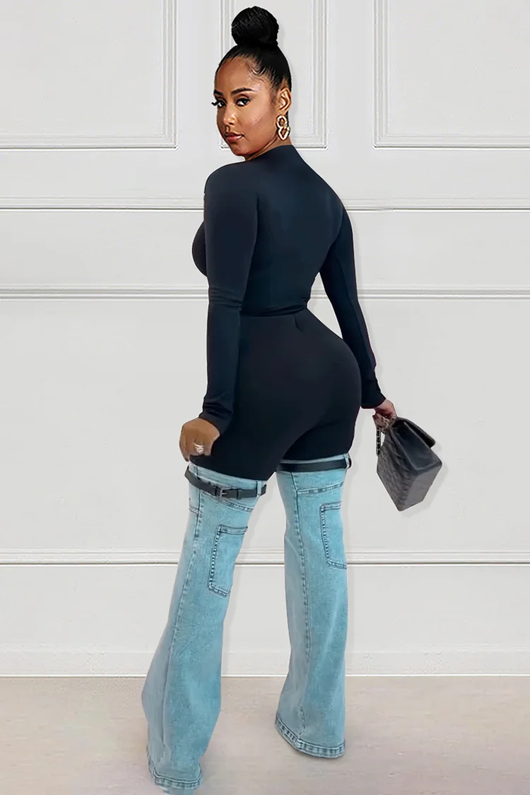 Long Sleeve Solid Bodycon Top Denim Patchwork Pocket Pants Matching Set-Black 