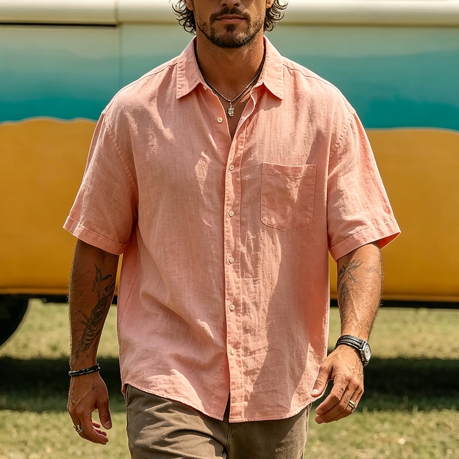 thesupersurf Men's Summer Vacation Surfing Short-Sleeve Linen Shirt 