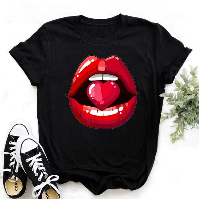 Fashion Shirt Lips Leopard Graphic T Shirt