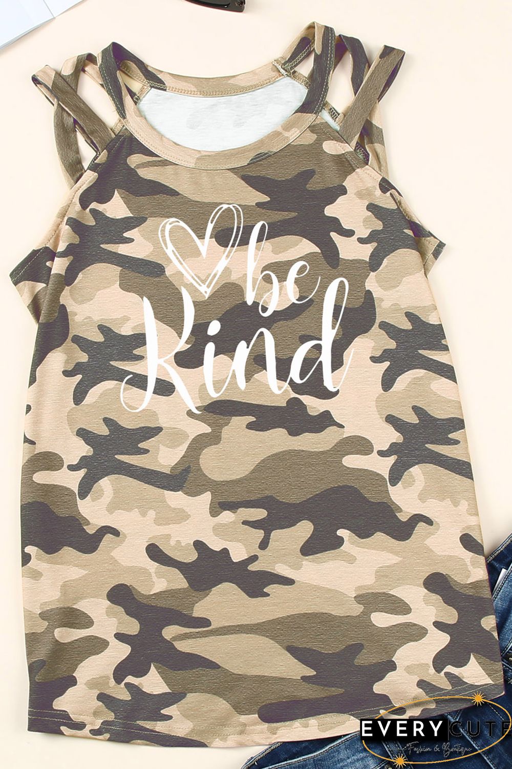 Green Be Kind Camo Crisscross Shoulder Tank Top