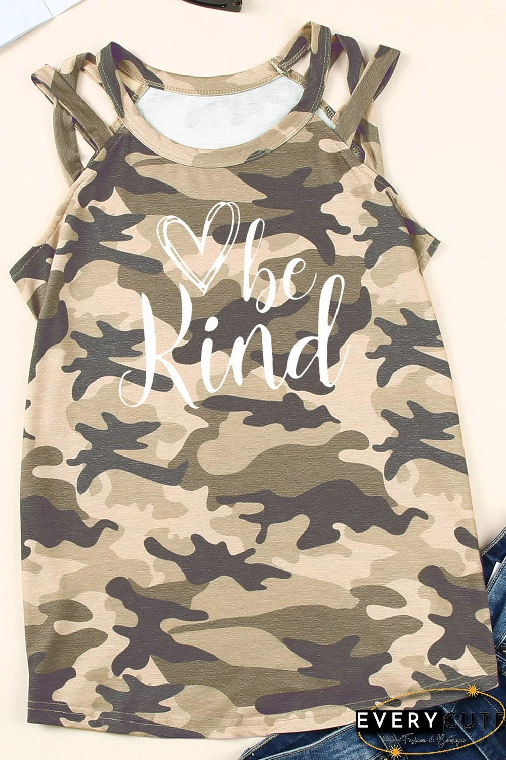 Green Be Kind Camo Crisscross Shoulder Tank Top