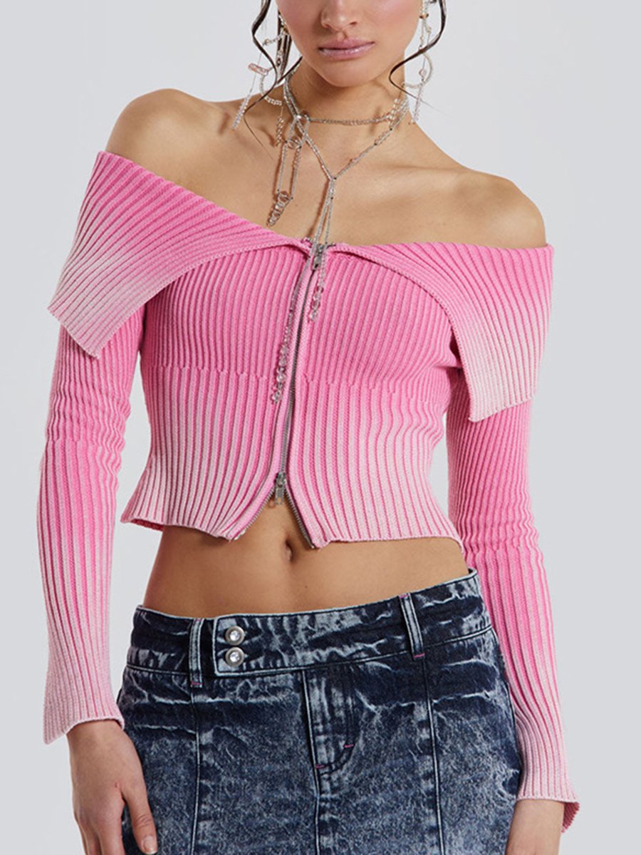 Gradient Vintage Zippered One-Shoulder Lapel Sweater
