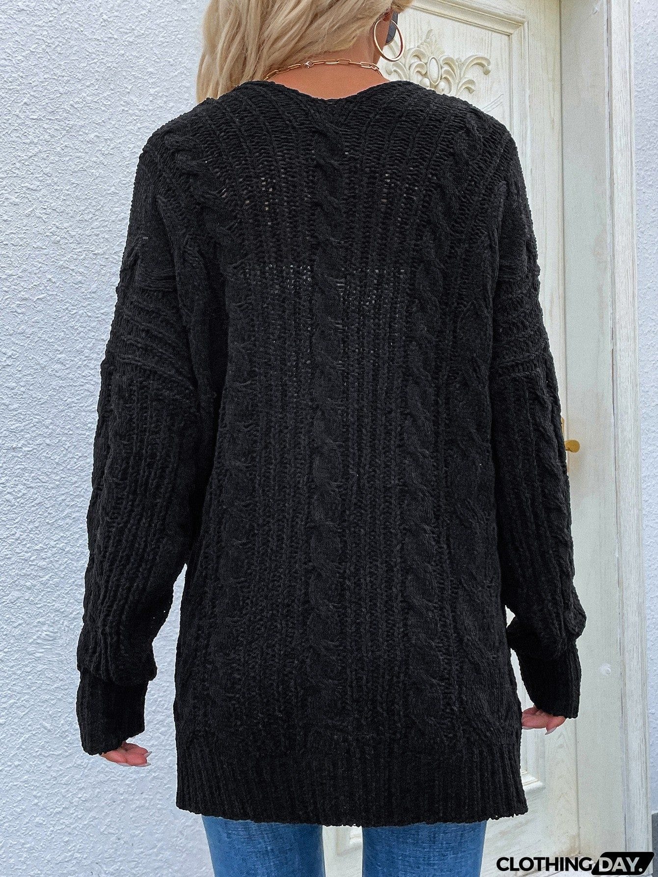 Woven Right Cable-Knit Open Front Cardigan with Front Pockets
