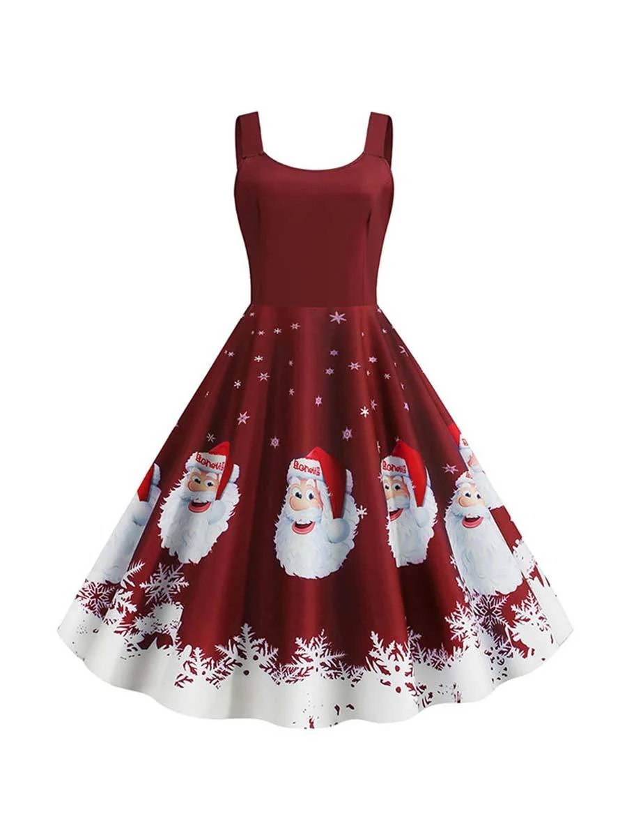 Christmas Dress Robe Santa Snowflake Print Spaghetti Straps Dress