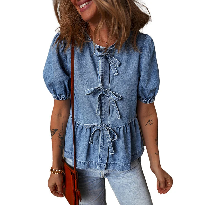 Women's 2025 Solid Color Denim Shirt  Pullover Round Neck Bubble Sleeve Denim Top
