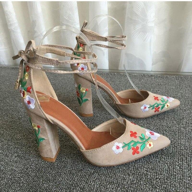 Women High Heels Plus Size Embroidery Pumps Flower Ankle Strap Shoes Female Two Piece Sexy Party Wedding Pointed Toe 1020