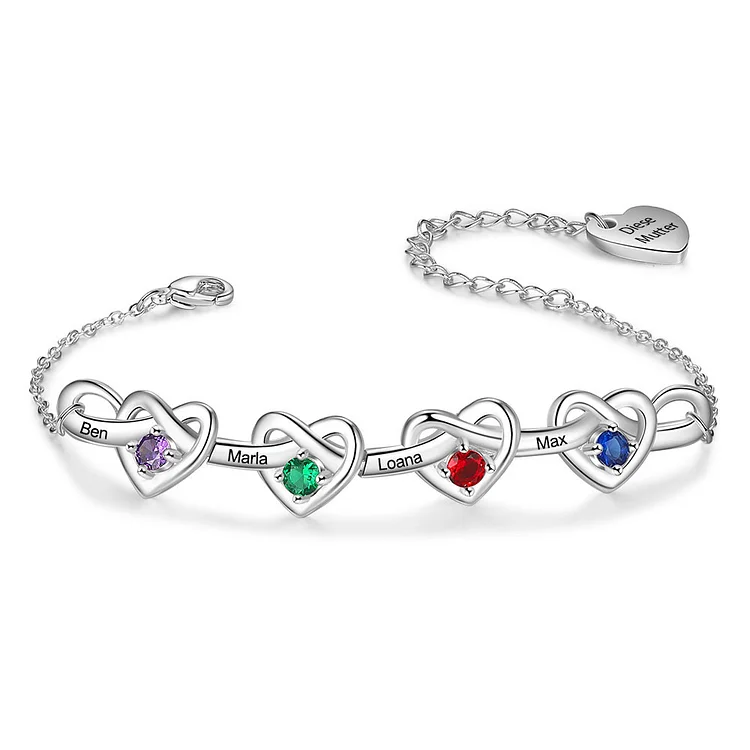 4 Names-Personalized Linked Heart Bracelet With 4 Birthstones Engraved Names And Text Bangle For Her