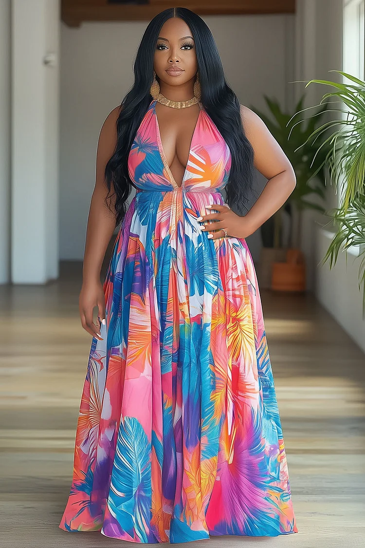 Halter V Neck Tropical Print Gathered Vacation Maxi Dresses-Pink [Pre Order]