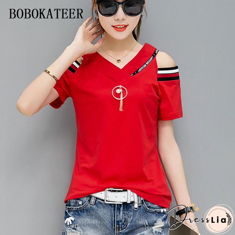 Bobokateer Off The Shoulder Tops For Women Tshirt Summer T-Shirt Cotton T Shirt Women Shirts Tee Shirt Femme Camiseta Mujer