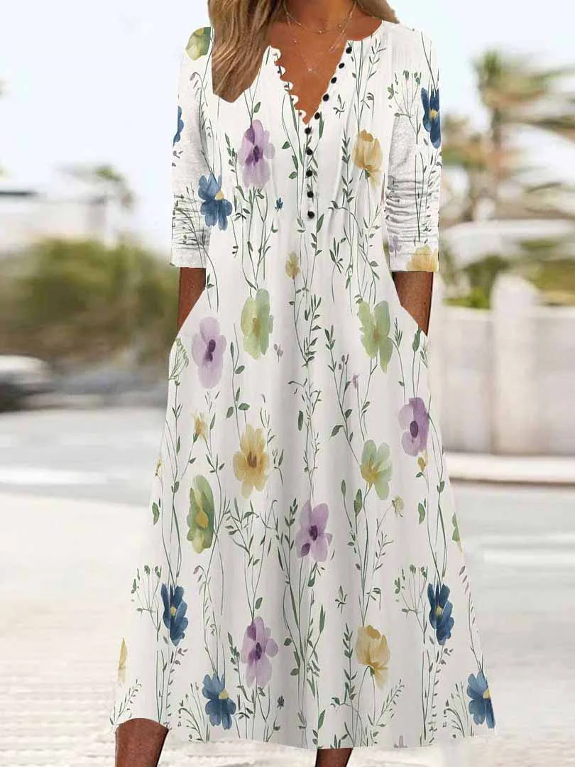 Women Floral,White DZHB8313 Long Sleeve V-Neck Graphic Printed Midi Dress