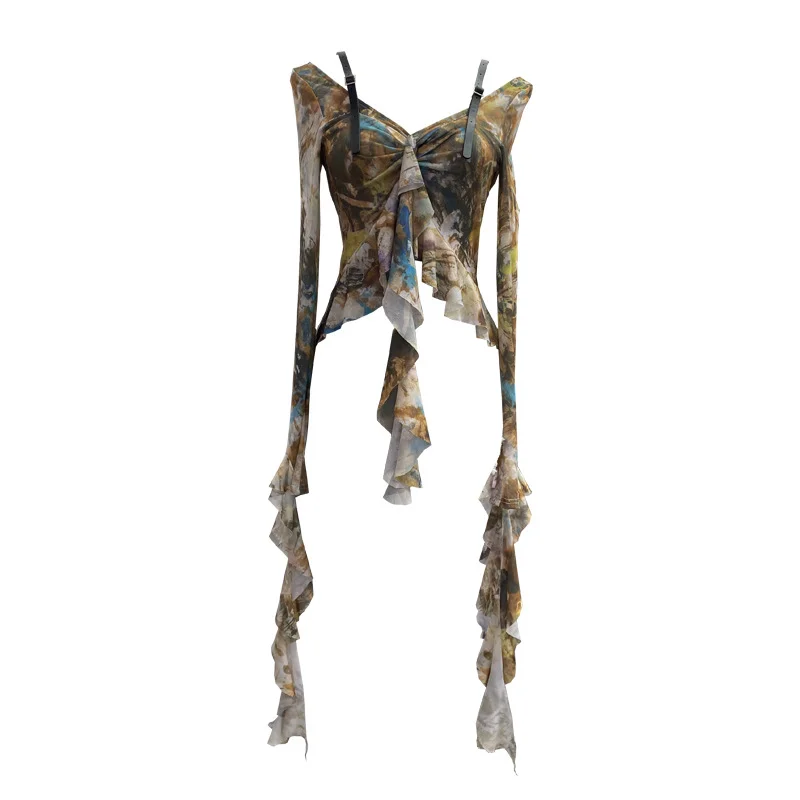 Uveng French Retro Oil Painting Wind Dyed Lotus Leaf Side Sling T-Shirts Long Sleeves Drifting Coat 2658