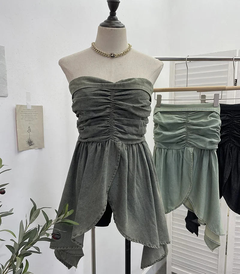 Uveng Real Shooting Niche Hottie Sexy Breast-Wearing Waist Folded Open Fork Water Washing Denim Wrapped Breastless Sleeveless Top 2636