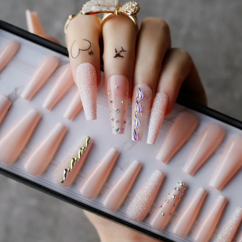 Rhinestone crystal design Pink Luxury Ombre extra Coffin Press on nails Gel Abstract smudge art crystal fake nails Custom logo-Nail Inspo