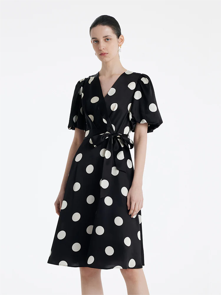 Acetate Polka Dots Printed  With Belt Mini Dress