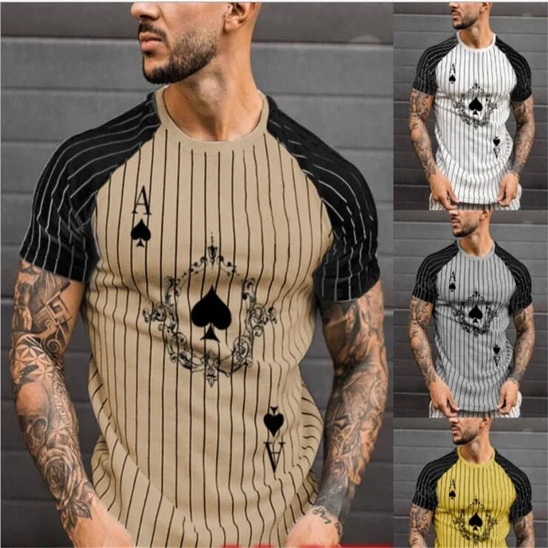 2021 New Men Stripped Tshirt Summer Men Clothing Streetwear Round Neck Shirt Fashion Poker Print Short Sleeve T-shirts Tops