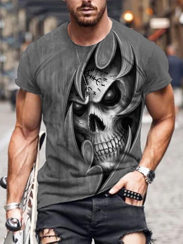 Broswear Men's Vegvisir Skull Graphic Round Neck Short Sleeve T Shirt