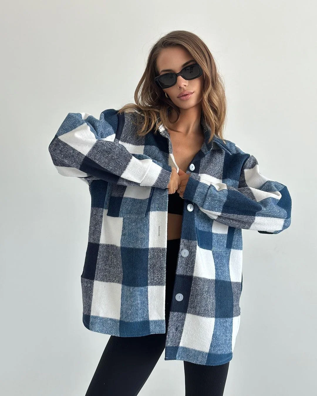Nigikala Nigikala New Casual Long-Sleeved Open Shirt Plaid Shirt For Women