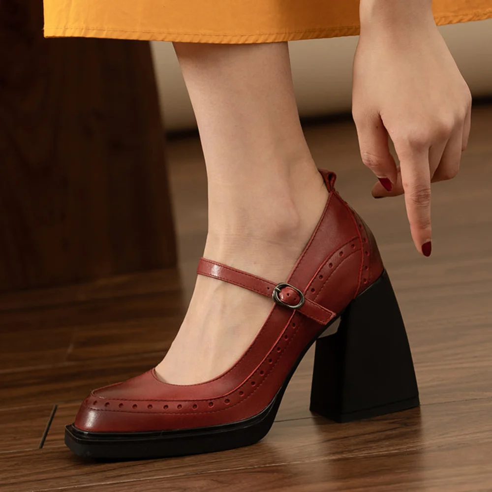 Maroon Vegan Leather Closed Toe Platform Loafers With Chunky Heels Nicepairs