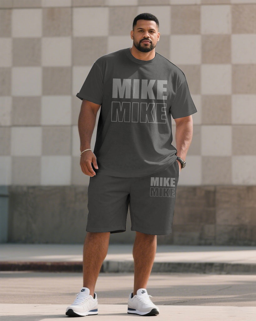 Men's Plus Size Titanium Grey Casual Sports Chest Large Logo Printed Short Sleeve T-Shirt Shorts Suit