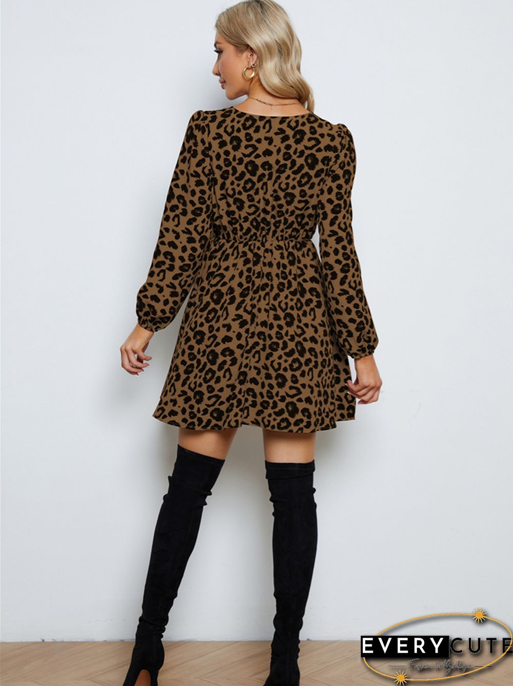 V-neck Chiffon Print Long Sleeve Short Dress