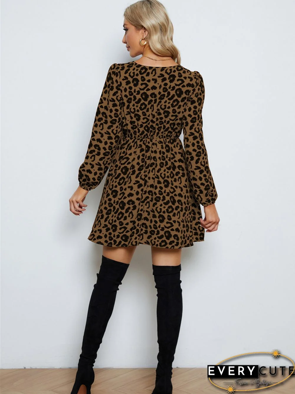 V-neck Chiffon Print Long Sleeve Short Dress