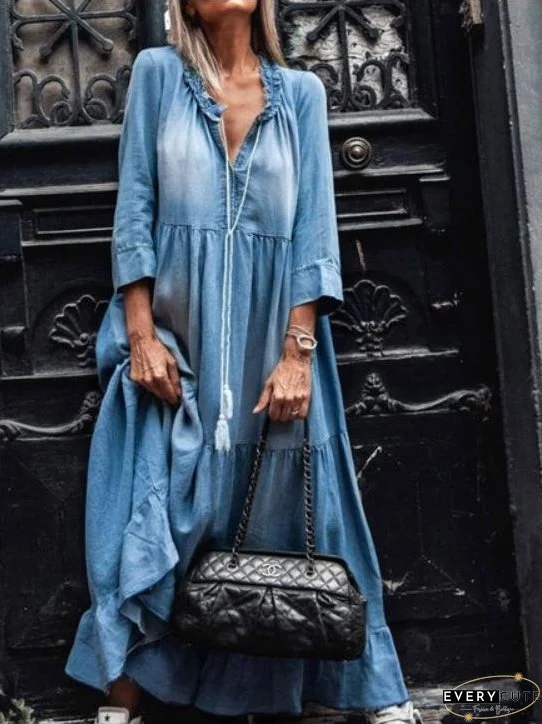 Dresses V-Neck 3/4 Sleeve Washed Denim Dress for Women