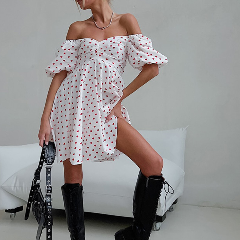 Summer Fashion Heart Print Boho Casual Off Shoulder High Waist Holiday Mini Dress