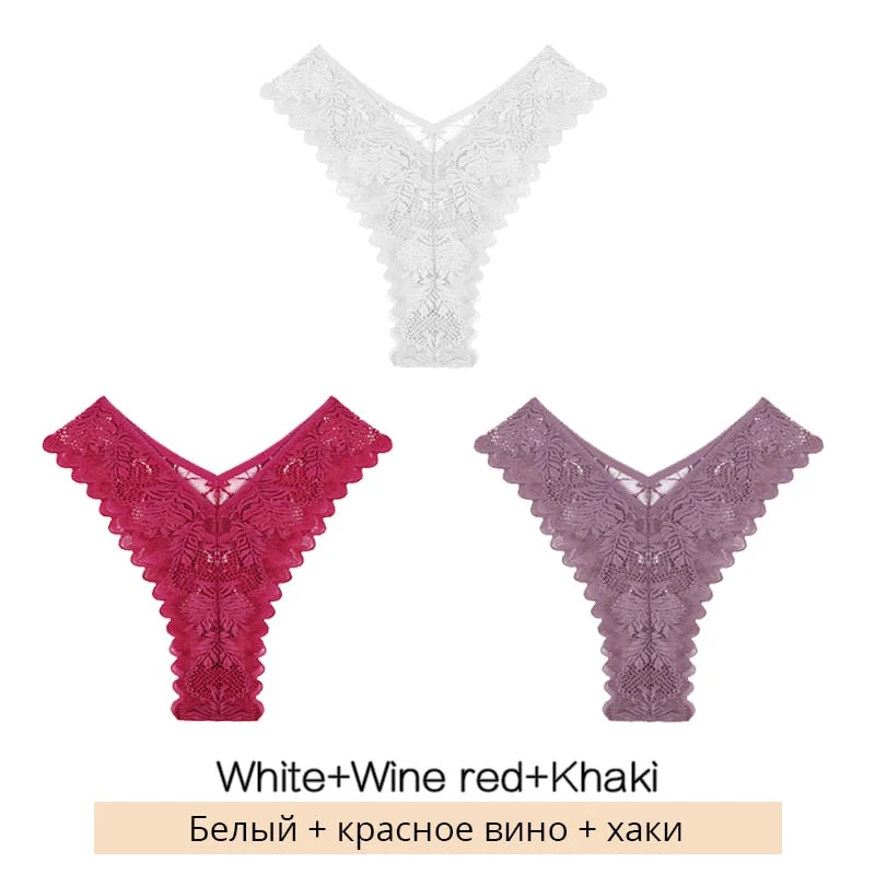 FINETOO Sexy Low-Rise Lace Panties 3Pcs/set Women Floral Brazilian Underwear S-XL Girls T-back Underpants Ladies Lingerie 2021