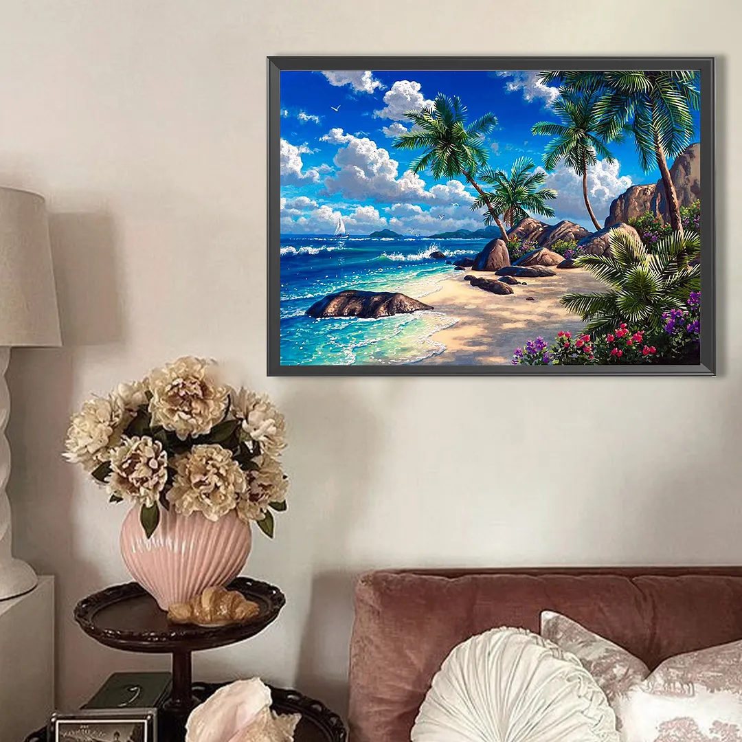 Beach Full DIY 5D Round Drill Diamond Painting Kits for Adults/Beginners Gift Idea Home Wall Decor Diamond Dots Paintings Picture Arts Craft 50x40cm